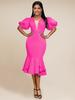 Fuchsia Short Puff Sleeve Tulle V Neck Bodycon Midi Ruffles Gowns Outfits for Women