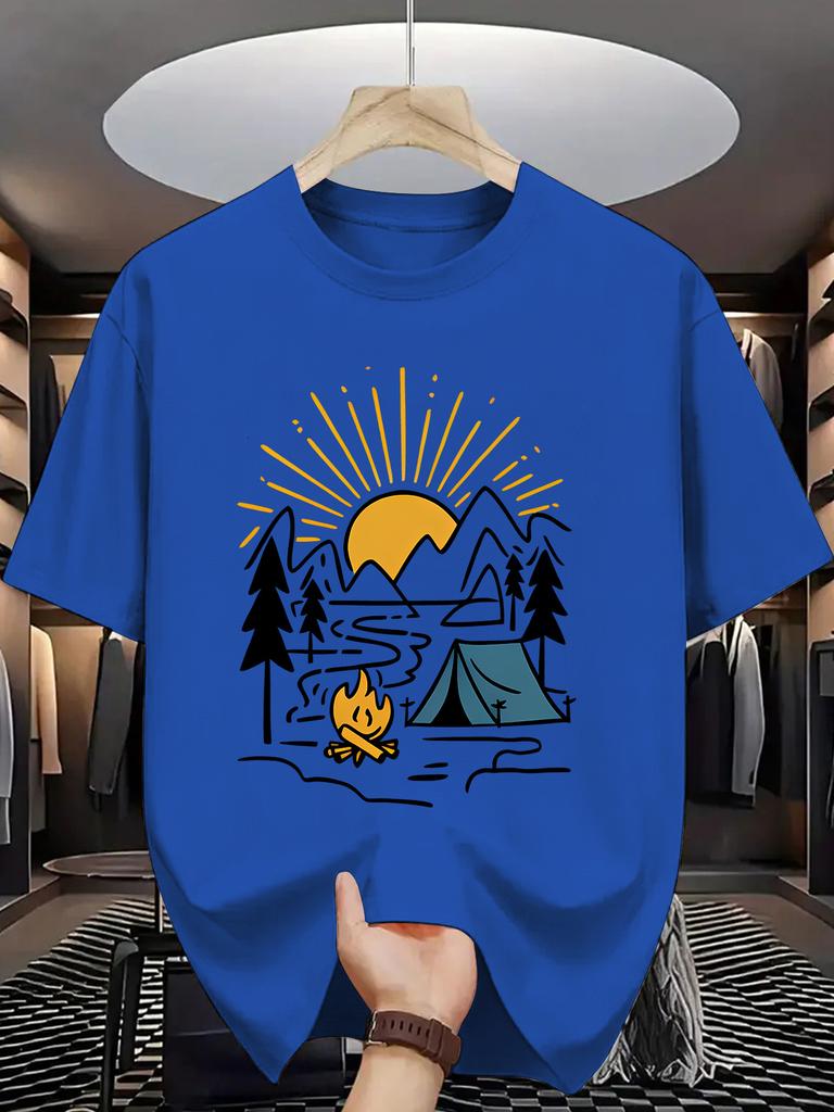 Mountain Camping Scene Unisexs Crew Neck T Shirt Tent Campfire Sun Forest Graphic Short Sleeve Tee Casual Male Street Tops