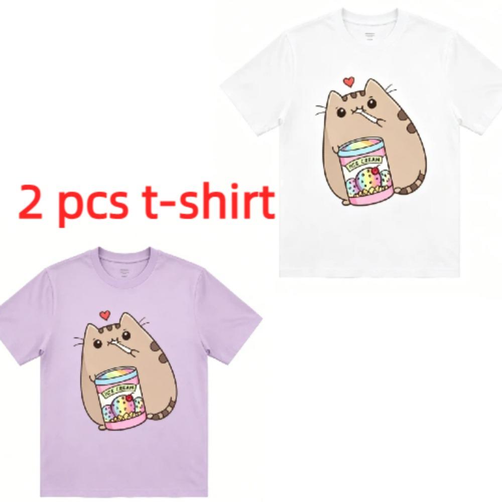 A Cat That Eats Snacks Print Kids T-Shirts Summer Fashion Street Outdoor Casual T-shirt Tops for Boy and Girl's Tees Top