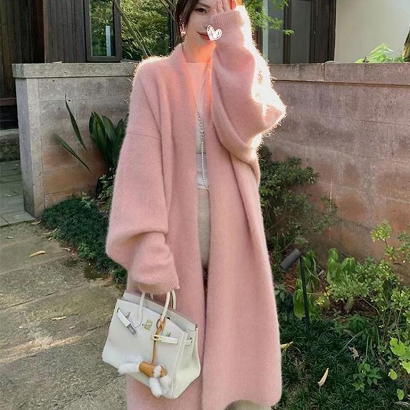 Свитера, кардиган, женский осенне-зимний свободный длинный кардиган, нежный повседневный однотонный трикотаж с длинными рукавами, кардиган, свитер