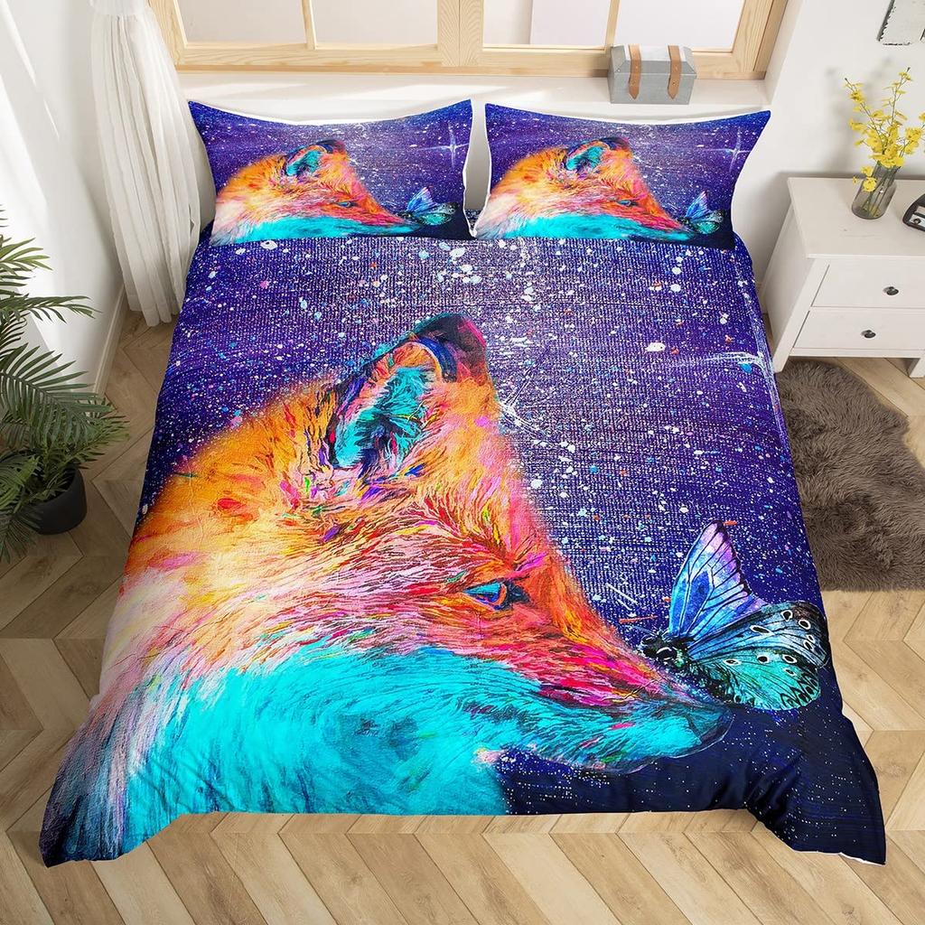 Cartoon Fox Duvet Cover King Size,Baby Fox Sleeping In A Floral Circle Image Print Bedding Set Kids Animal Quilt Cover