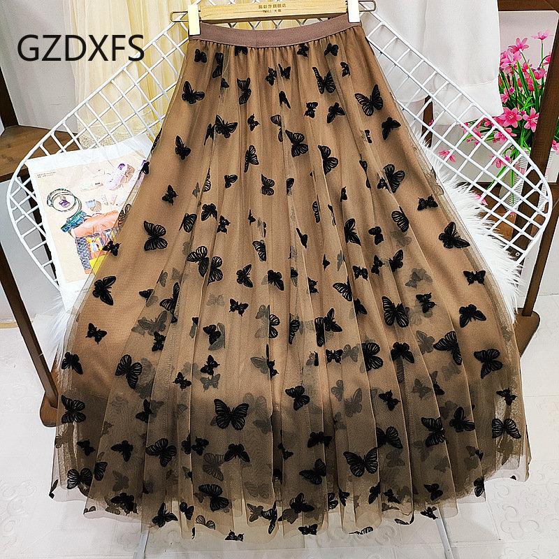 Юбка-сетка с флоком бабочек Юбка-юбка Юбка-юбка Осенне-зимняя плиссированная юбка Юбка-трапеция средней длины