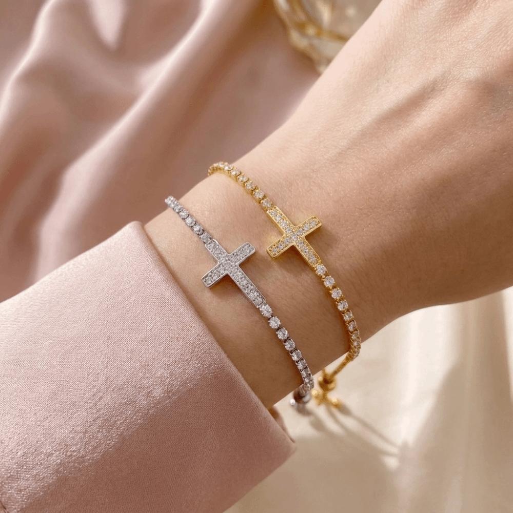 Adjustable Cross Bracelet Classic Elegant Fine Bangle Party Costume Zircon Paved Bracelet Women