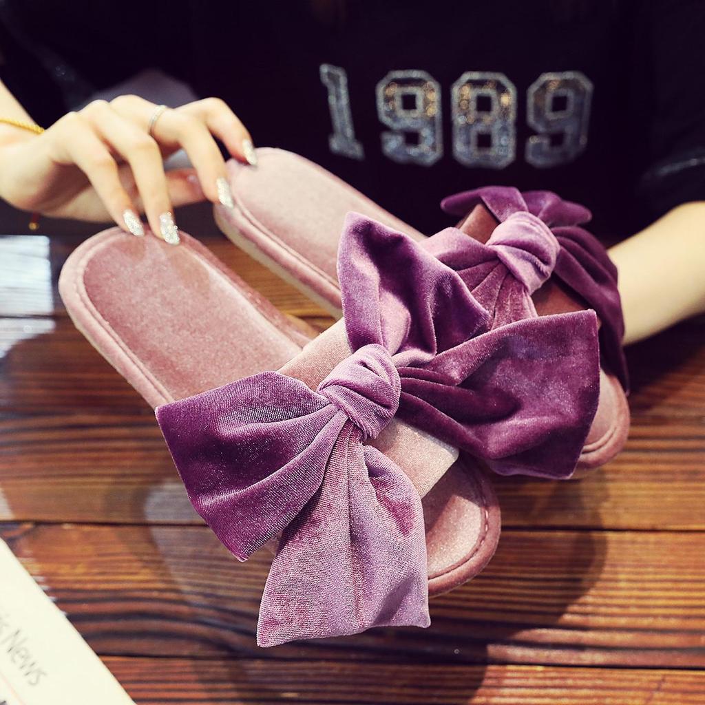 Корейские замшевые тапочки с бантом из золотистого бархата, нескользящие для дома и улицы, для женщин, Four Seasons  