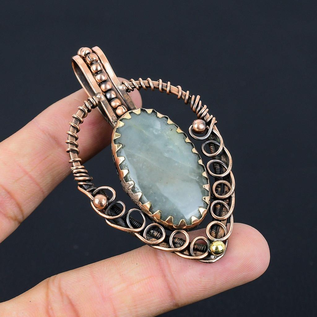 Amazing Aquamarine Gemstone Handmade Jewelry Pure Copper Wire Wrapped Pendant
