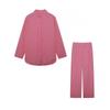 2023 Women's Casual Two-Piece Suit: Lapel Long-Sleeve Shirt & Wide-Leg Pants for Spring & Autumn