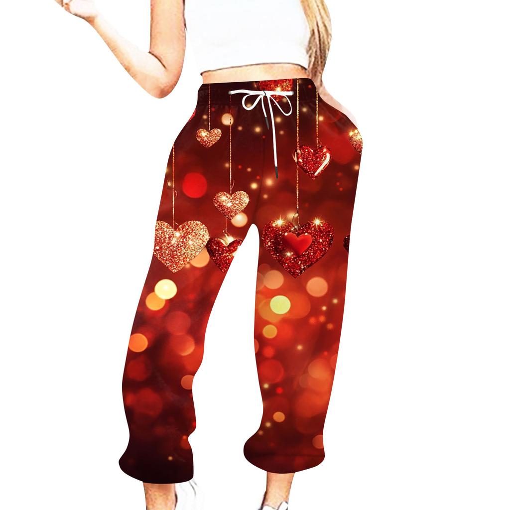 Женская повседневная мода День святого Валентина Повседневные брюки с принтом Спортивные брюки Брюки с эластичной резинкой на талии со шнурком Брюки со шнурком