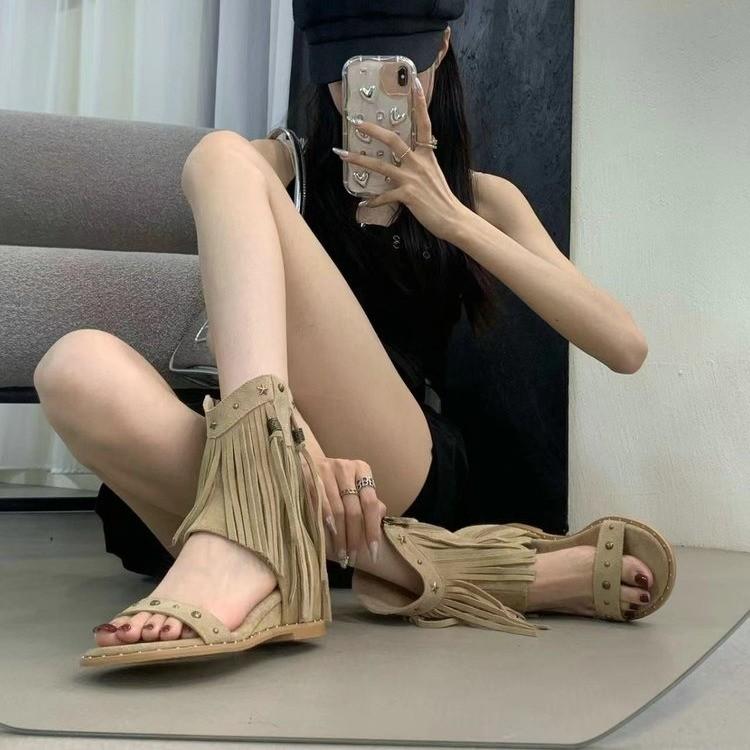 Женские ковбойские сапоги в римском стиле, модные, с застежкой-молнией сзади, до середины голени, с внутренним подъемом, женские туфли