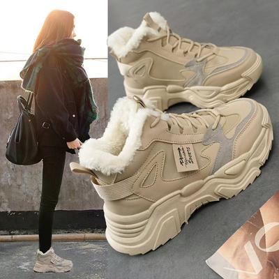 Модные бархатные высокие кроссовки для женщин 2025 Новая зимняя мода Толстая подошва На шнуровке Спортивная обувь, Противоскользящие и теплые хлопковые туфли
