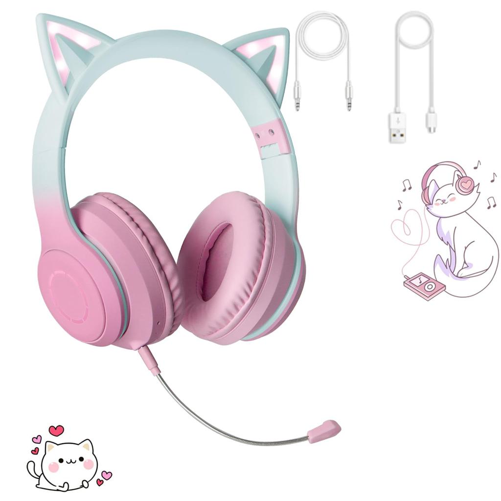 Милые наушники с кошачьими ушками, беспроводные наушники Bluetooth 5.1 со съемным микрофоном с шумоподавлением, Hi-Fi стерео, проводные/беспроводные, игровые двойного назначения