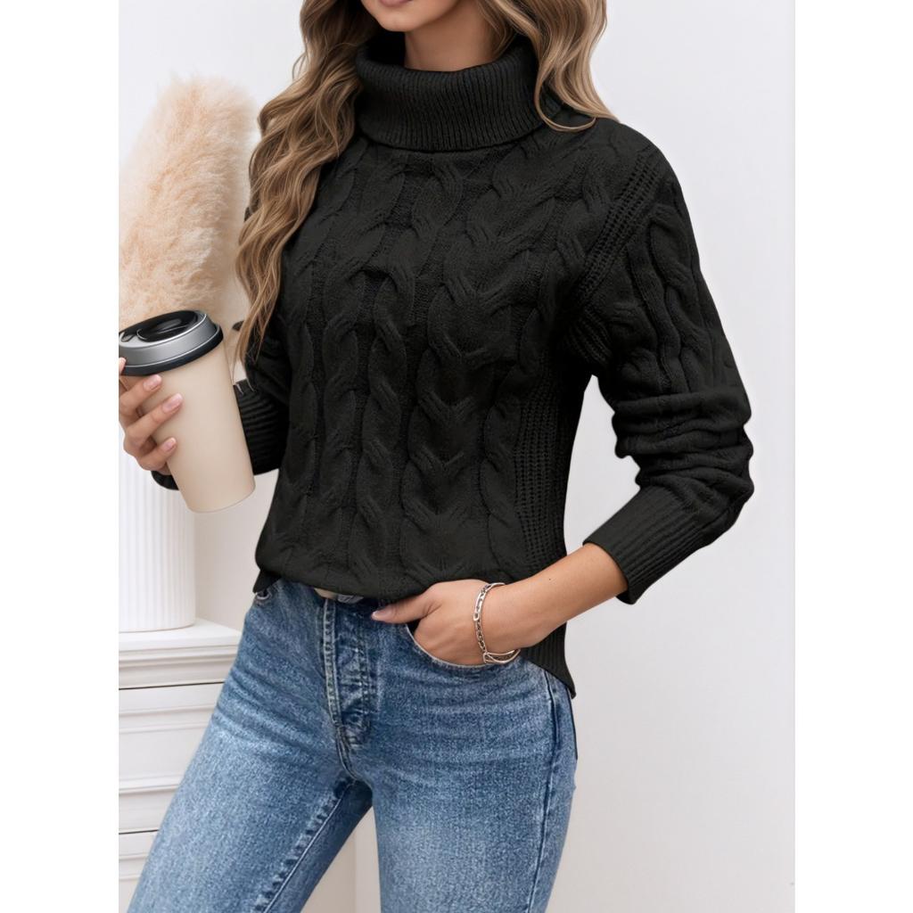 Women's High Collar Sweater - Soft Elastic Pullover, Essential Solid Color Top for Autumn and Winter, Hand Washed, Comfortable and Fitted