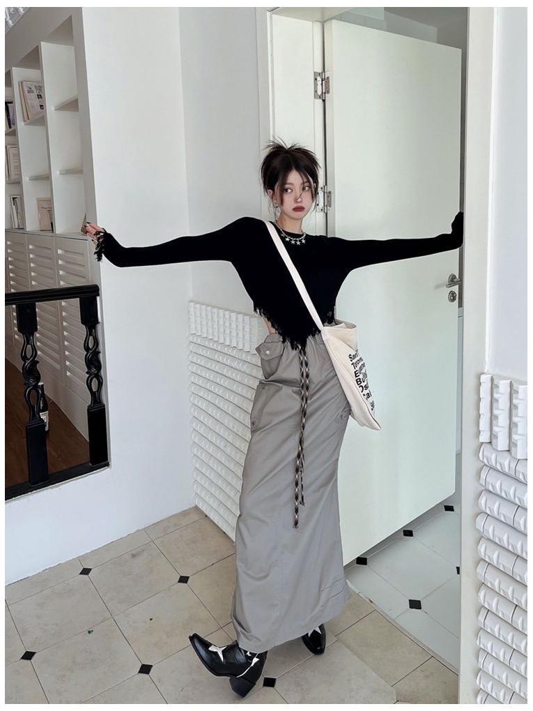 Женский топ с круглым вырезом и длинными рукавами, облегающий покрой, осенне-зимняя модель с кисточками