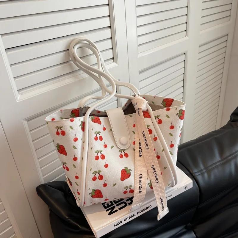 Большая вместительная сумка для женщин в корейском стиле, сумка с симпатичным принтом вишни, сумка через плечо