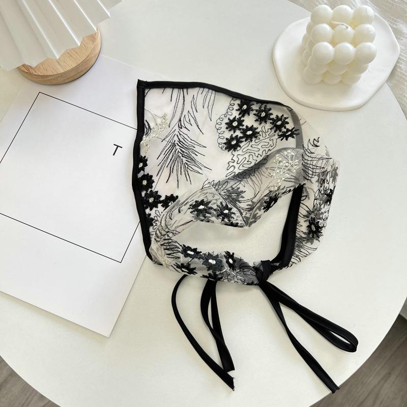 Black Sexy Hair Scarf Triangle Headband Women Embroidery Flower Sheer Headscarf French Vintage Kerchief Travel Photo Accessories