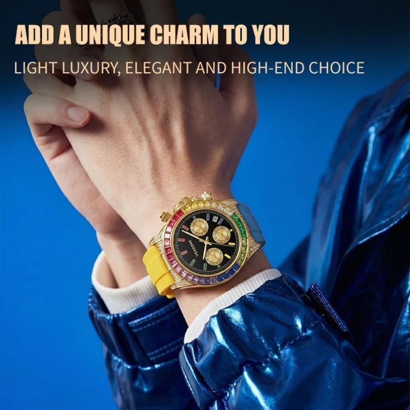 Colorful Rainbow Crystal Bezel Chronograph Watch Men Casual Sport Quartz Wristwatch with Date Function
