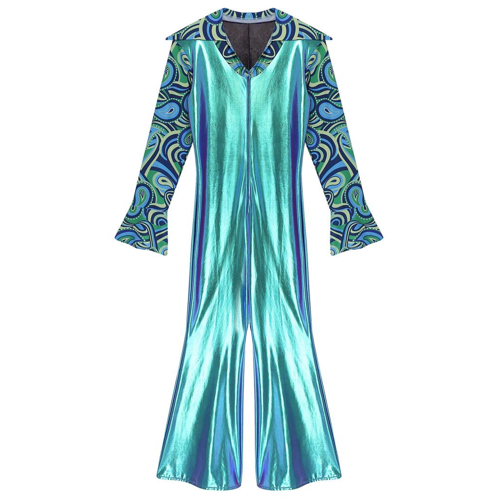 Костюм в стиле диско 80-х из блестящей ткани с брюками клеш и V-образным вырезом, с длинными рукавами различных узоров и цветов для танцевальных мероприятий и тематических вечеринок