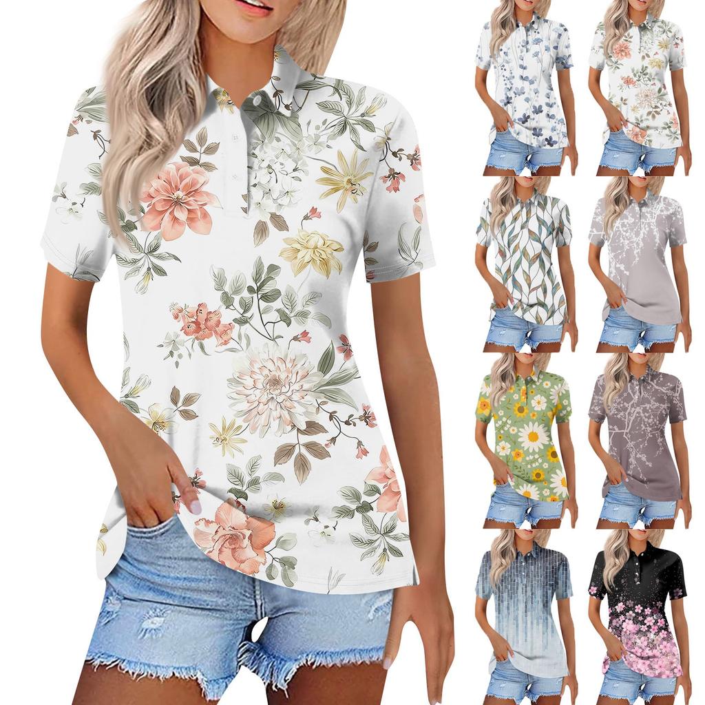 Women's Fashion Casual Lapel Short Sleeve Printed Shirt Women's Button Up Tops