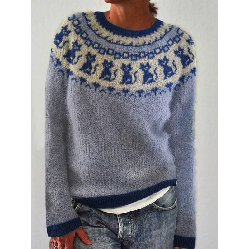Womens Crew Neck Colorblock Knit Sweater Loose Fit Casual Office Wear Long Sleeve Pullover