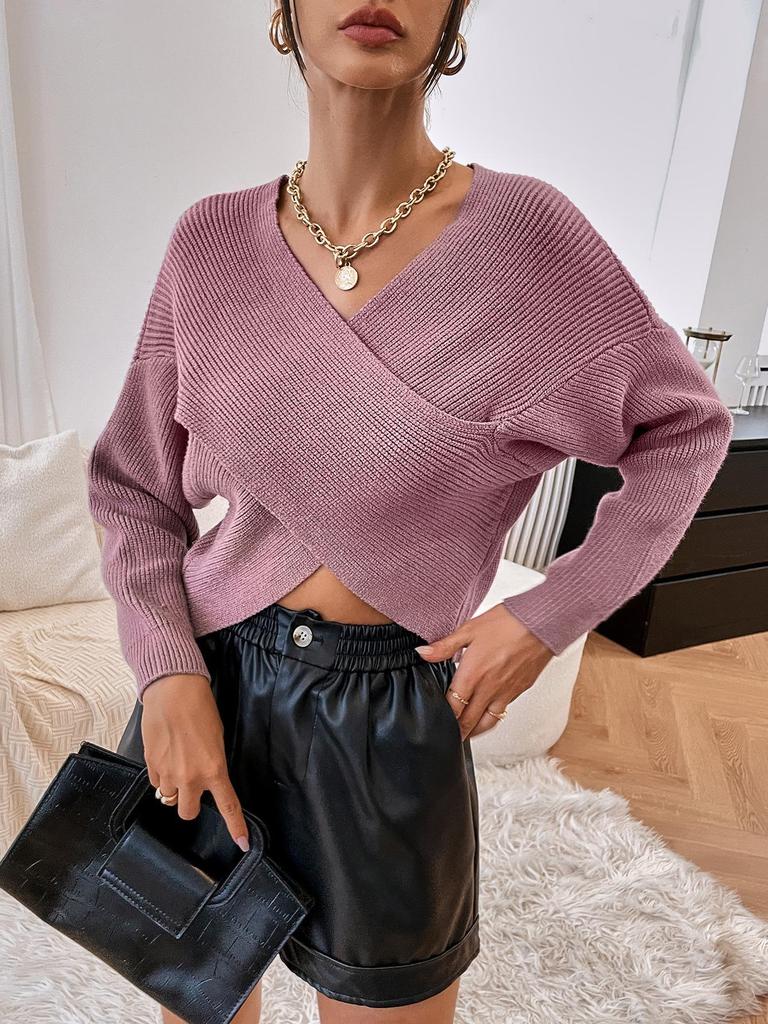 2025 Европейский и американский осенне-зимний кроп-топ с V-образным вырезом и перекрестной завязкой, пуловер, свитер, кардиган