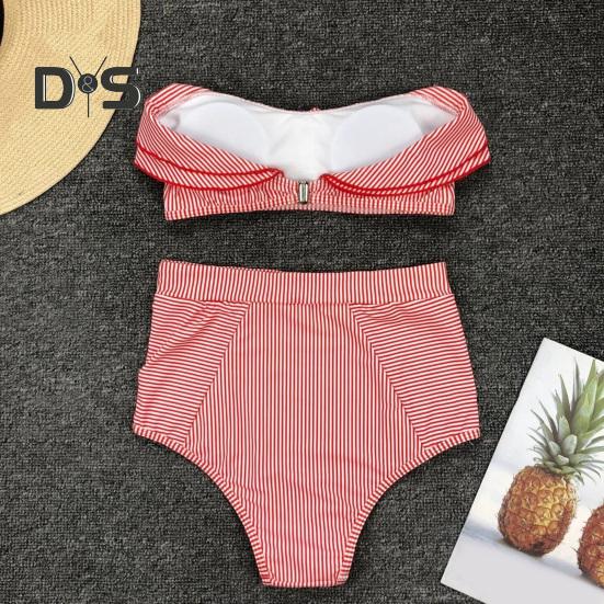 2Pcs/Set Women Bikini Set Ruffle Trim Bandeau Padded Push-Up Bra High Waisted Briefs Set Striped Print Beachwear