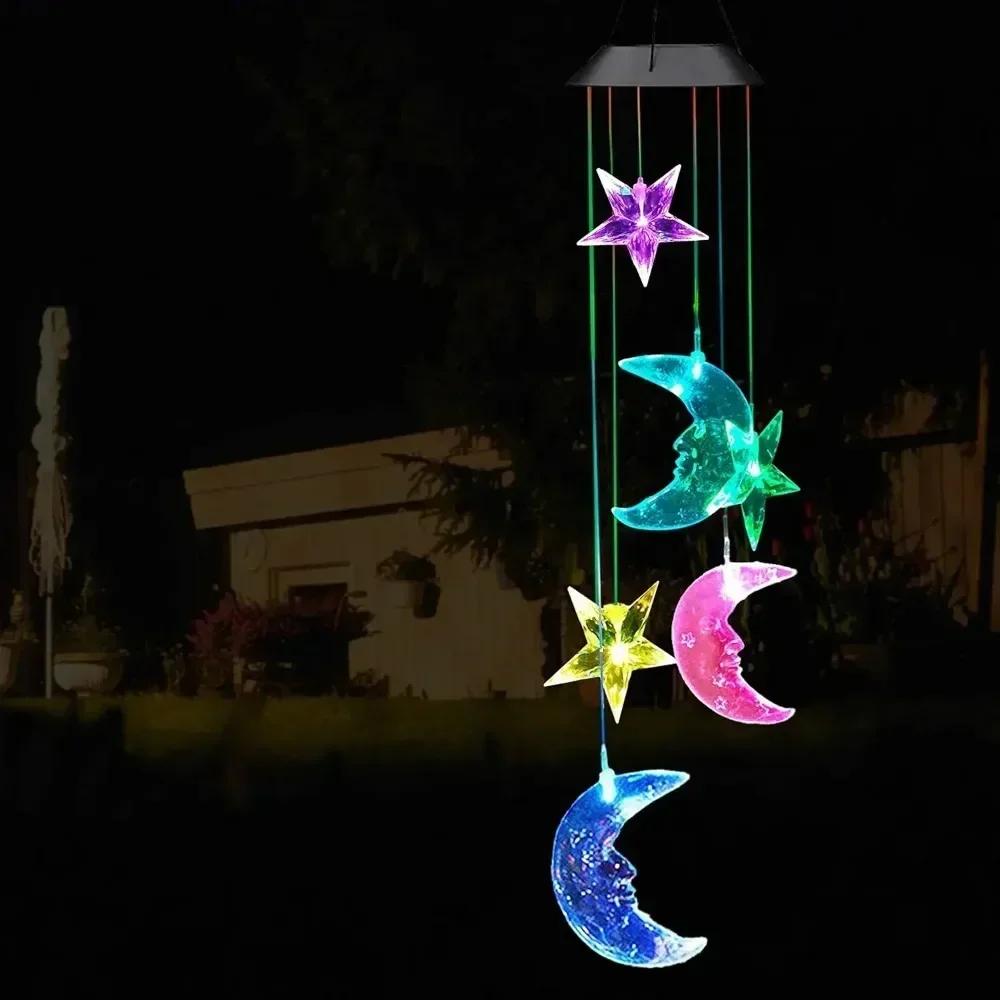 LED Solar Wind Chime Light Garden Stars Moon Wind Chime Lamp Colorful Waterproof Hanging Solar Light for Garden Yard Home Decor