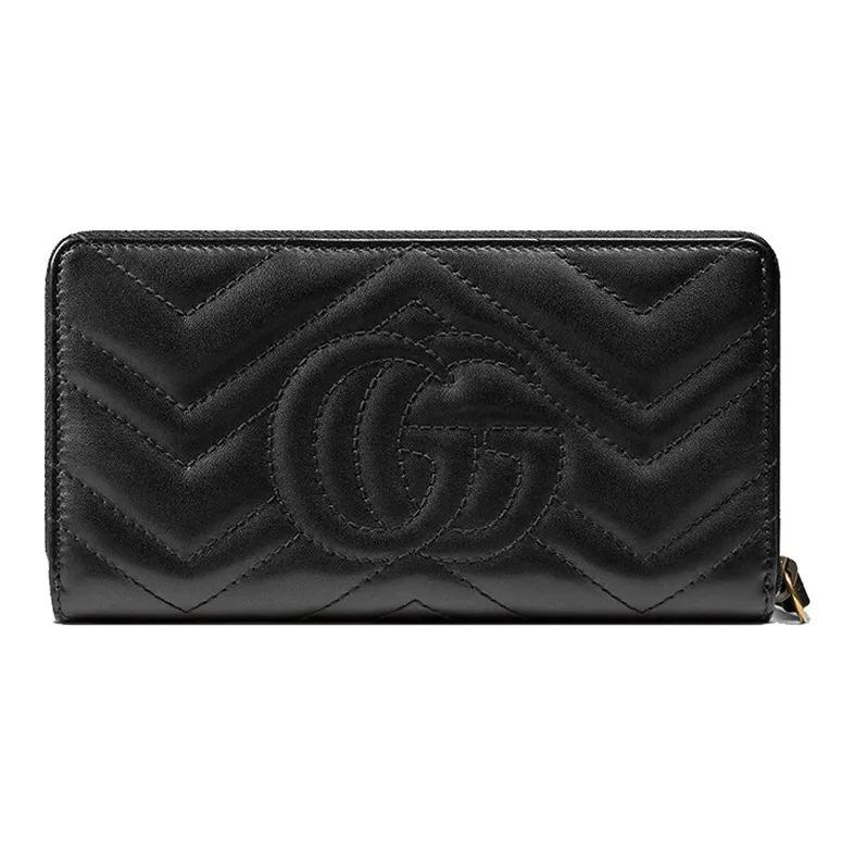 Gucci Коллекция GG Marmont Кошелек женский из стеганой синтетической кожи с длинной молнией и золотым логотипом Marmont, черный