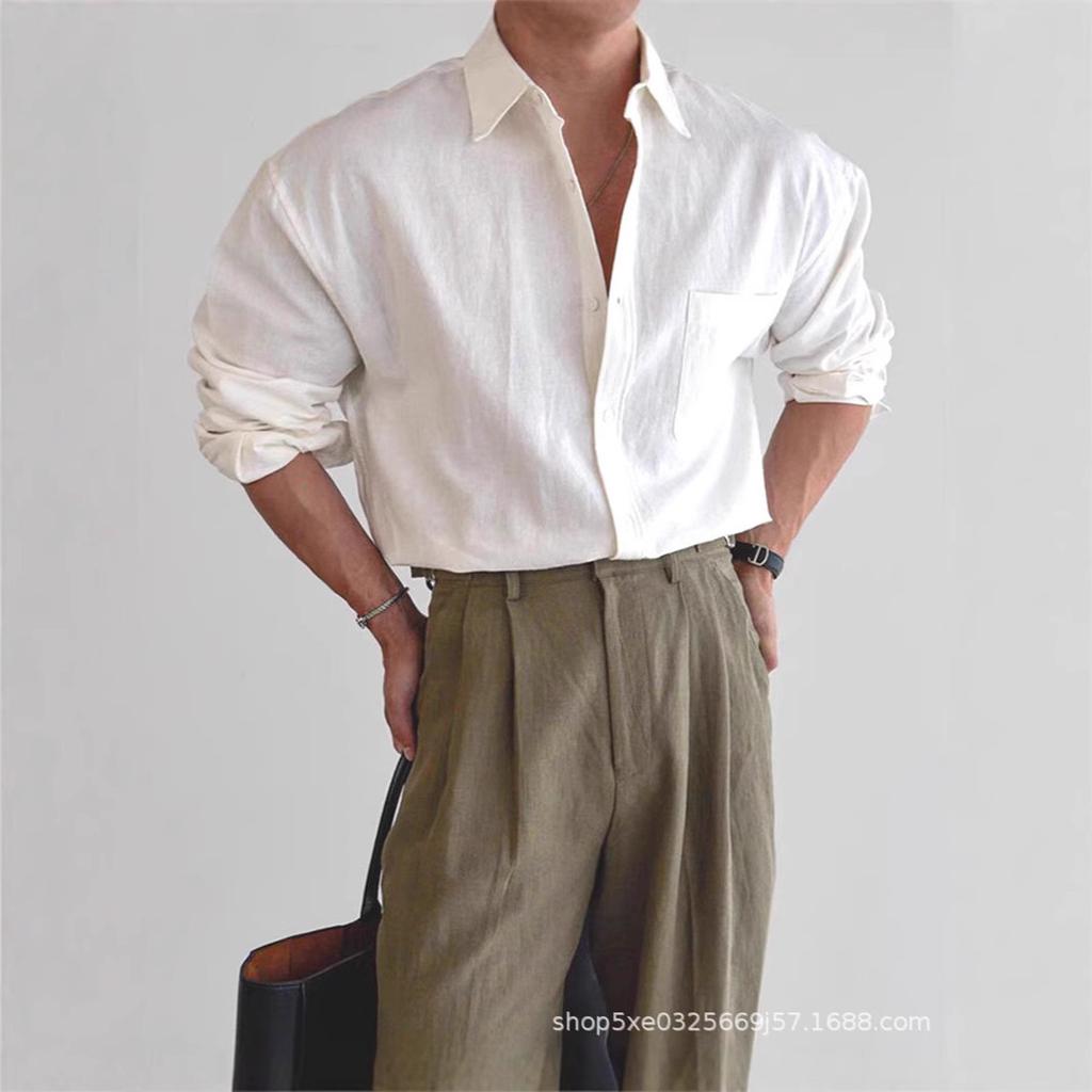 Мужская белая хлопково-льняная рубашка европейского стиля для защиты от солнца - Дышащая, свободного кроя, с длинными рукавами и карманом