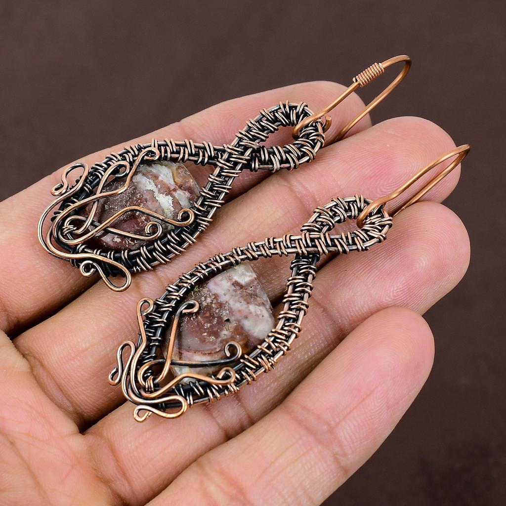 Natural Crazy Lace Agate Gemstone Handmade Copper Wire Wrap Earring 2.76 z5Q22