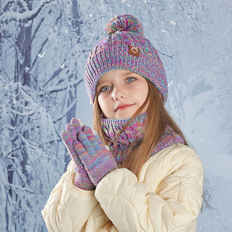 Children's Cap Scarf Gloves Three-Piece Set Coldproof Wool Cap Boys Girls Outdoor Warm Knitted Hat