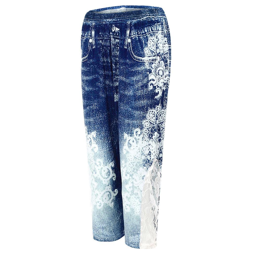 Fashion Women Plus Size Lace Printing Splice Elastic Waist Casual Leggings Pants