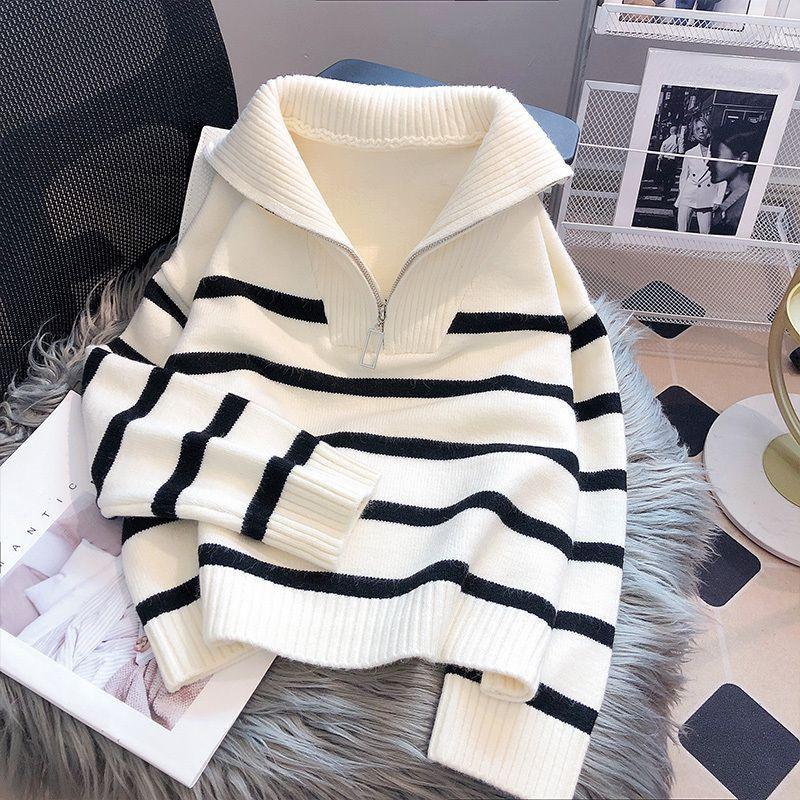 Свитер, пуловер, женское нижнее белье на весну и осень, новинка 2023 года, подкладка в полоску на молнии, короткий стиль, популярный женский свитер премиум-класса