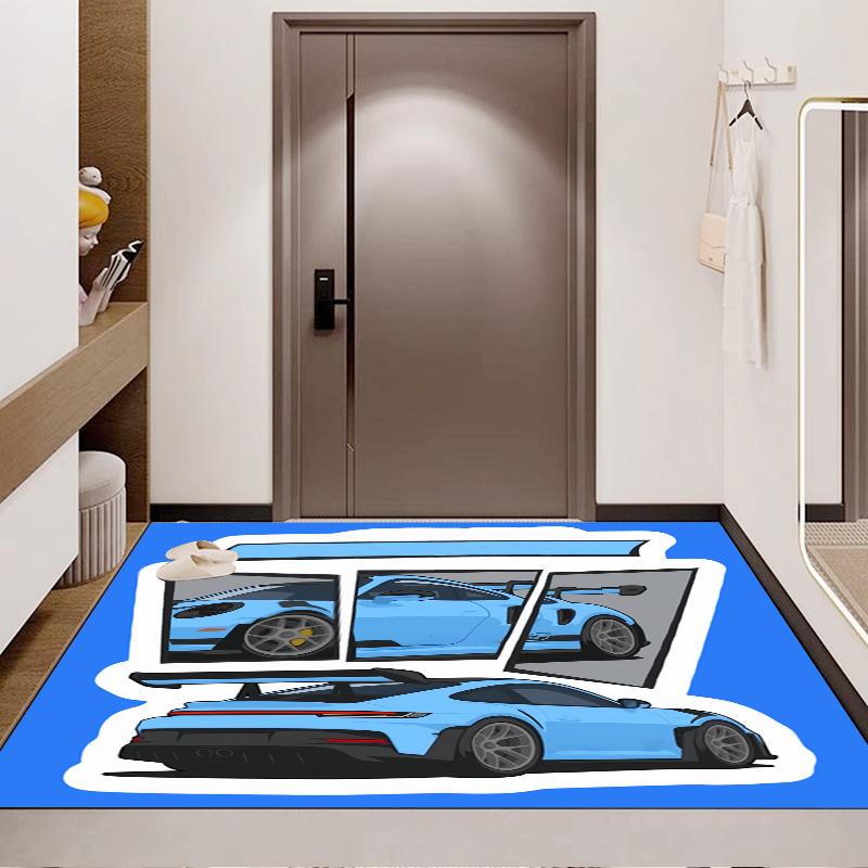 Bright‑Blue Supercar Comic Split Panel Print Area Rug Non‑Slip Rectangular Floor Mat Modified Auto Fan Decor for Gaming Bedroom Living Room