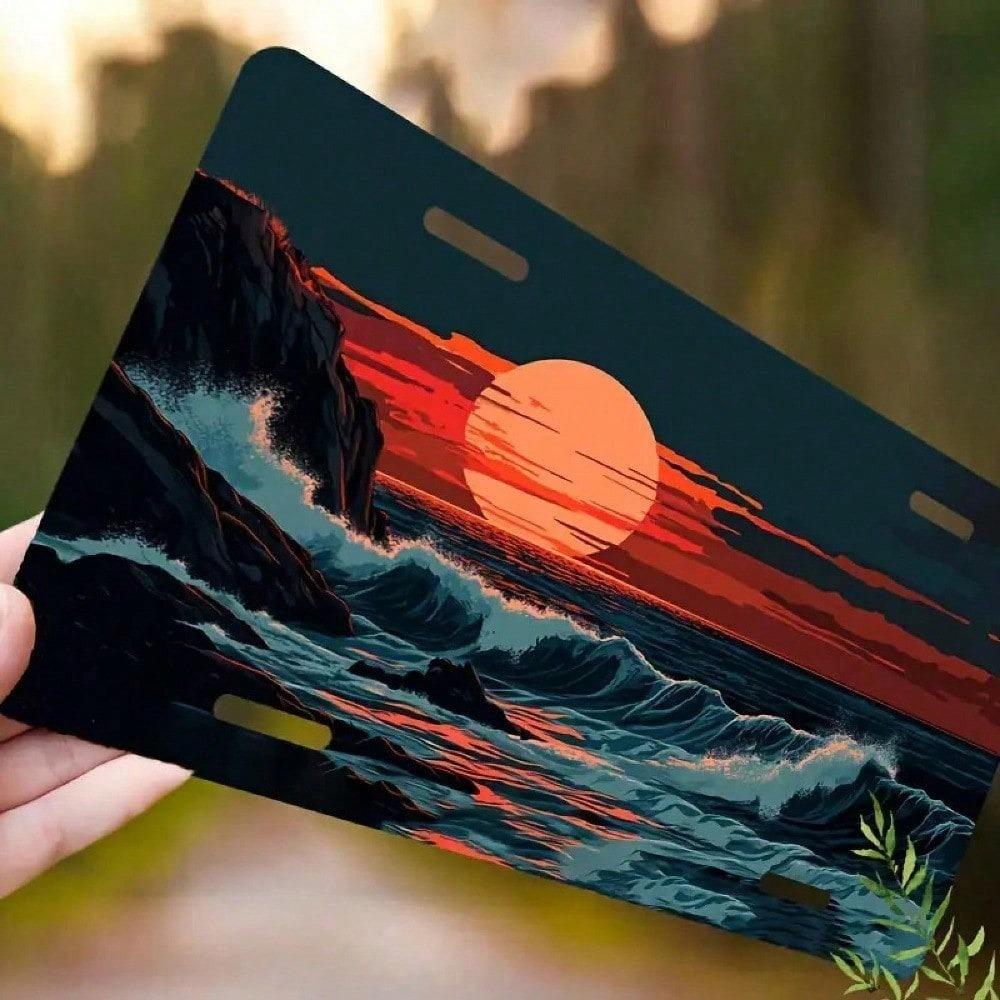 Ocean Wave Sunset License Plate Frame Waterproof Aluminum Universal 5.9x11.8in Fade-Resistant Car Exterior Accessory