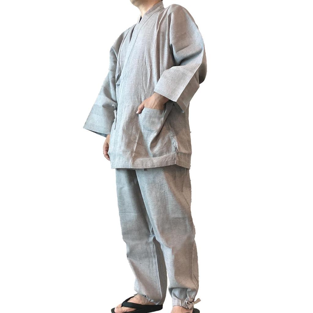 Киото Кимоно Юдзен Мужское Кимоно Самуэ, Хлопок и Лен, Круглогодичное Ношение, Эластичный Комплект Верх и Низ (Серый, Размер L)