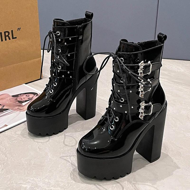 Зимняя мода сексуальные платформы шнуровка ремень пряжка белые черные толстая подошва высокий каблук короткие сапоги женские вечерние танцевальные туфли