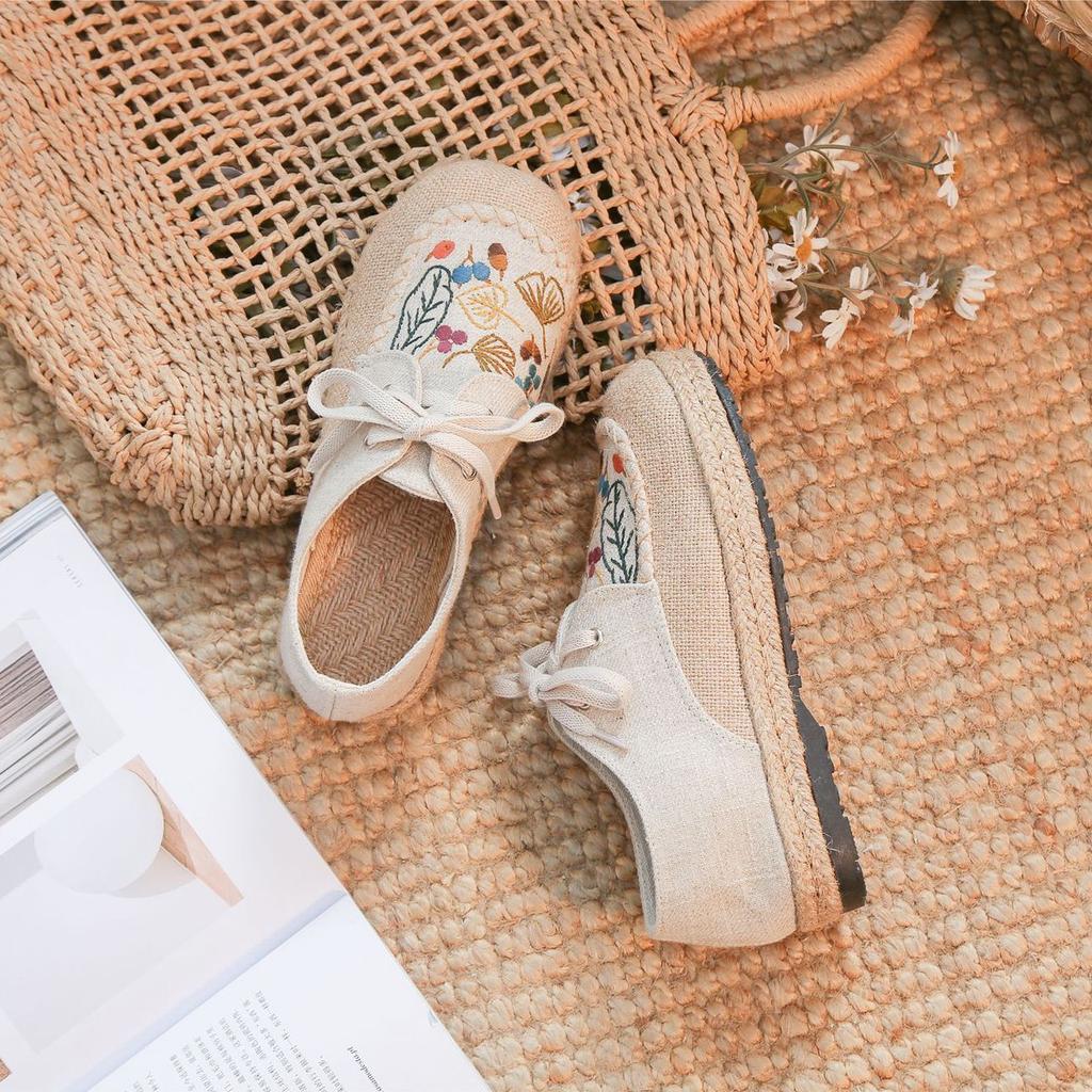 Johnature Cotton Linen Flats Women Shoes Lace-up Spring Round Toe Embroider Concise Comfortable Handmade Ladies Shoes