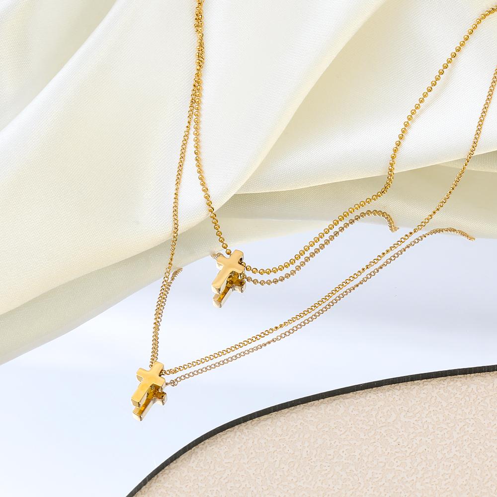 Fenny 18K Gold Plated No Fade Fashion Permanent Double Layer Cross Pendant Stainless Steel Necklace for Women