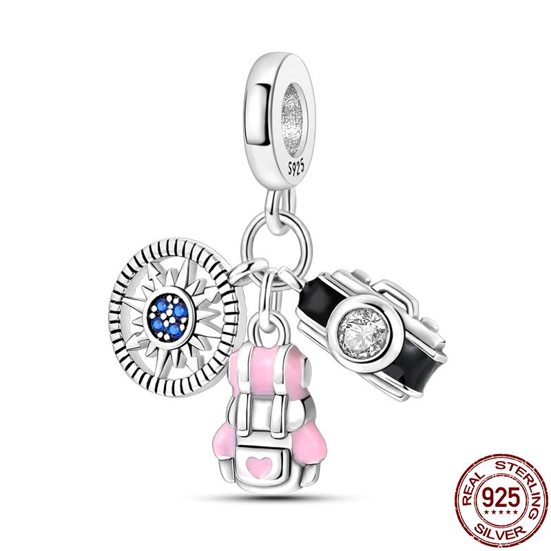 925 Sterling Silver Travel Series Camera Bicycle Tower Compass Bag Pendant Charm Fit 4mm Aperture Bracelet DIY Bead Jewelry Gift