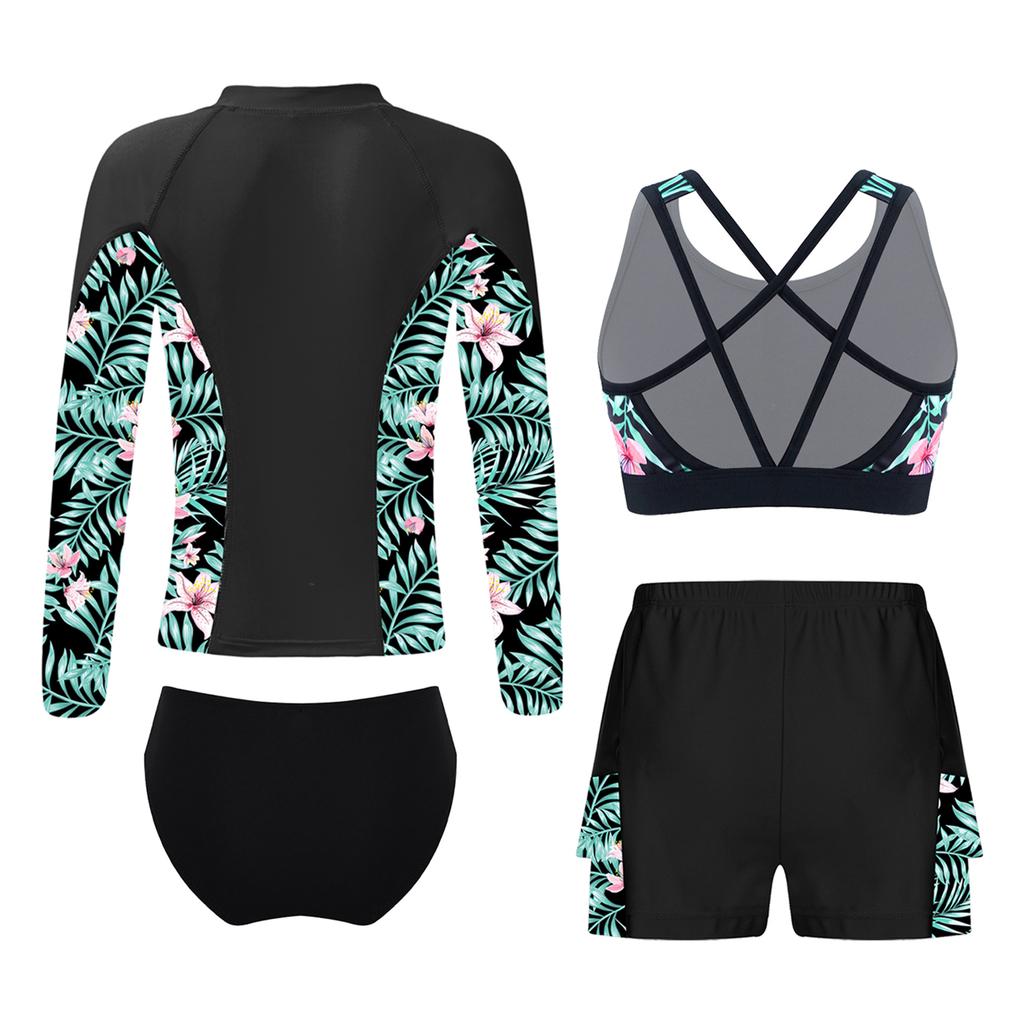 Комплект для плавания для девочек из 4 предметов: Топ на молнии с длинным рукавом, Майка, Плавки, Шорты с оборками, Защита от солнца