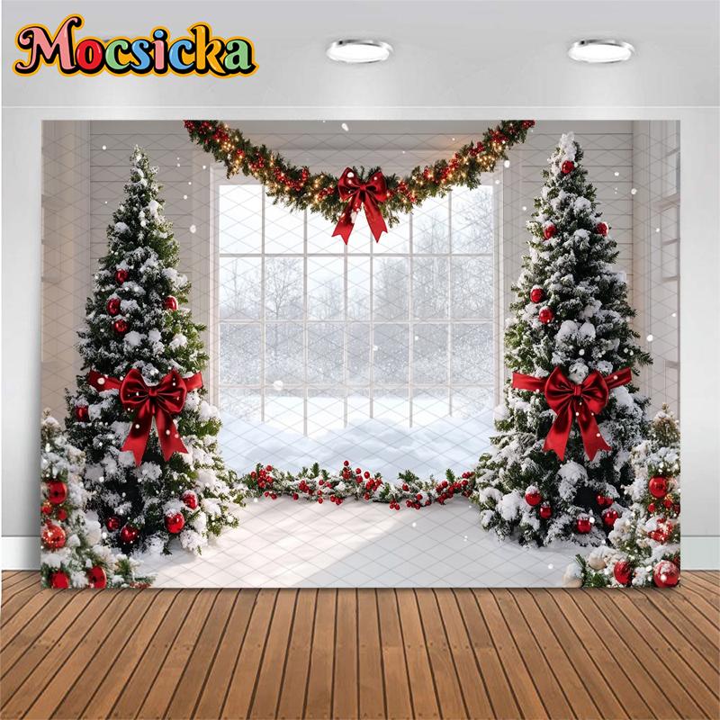 Mocsicka Рождественский Фон для Фотосъемки Семейный Фестиваль Вечеринка Задний План Домашняя Елка Зимний Снег Узор на Окне Декор Баннер