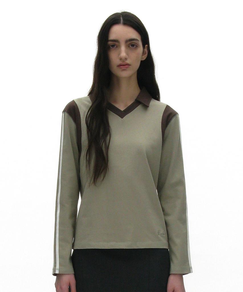 PARTIMENTO WOMEN Striped Colorblock Polo Tee_Light Khaki