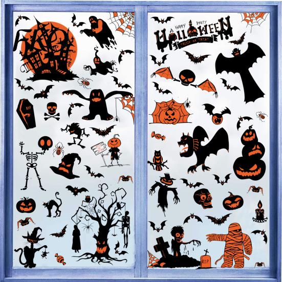 Dead Tree Window Decorations 9 Sheets Halloween Clings, Happy Pumpkins Witch Ghost Bats Castle Reusable Clings Stickers, PVC Waterproof Decals