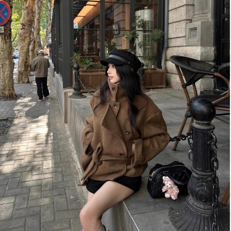 Womens Stand Collar Wool Blend Short Coat 2027 Fall Winter Lazy Style Casual Outerwear