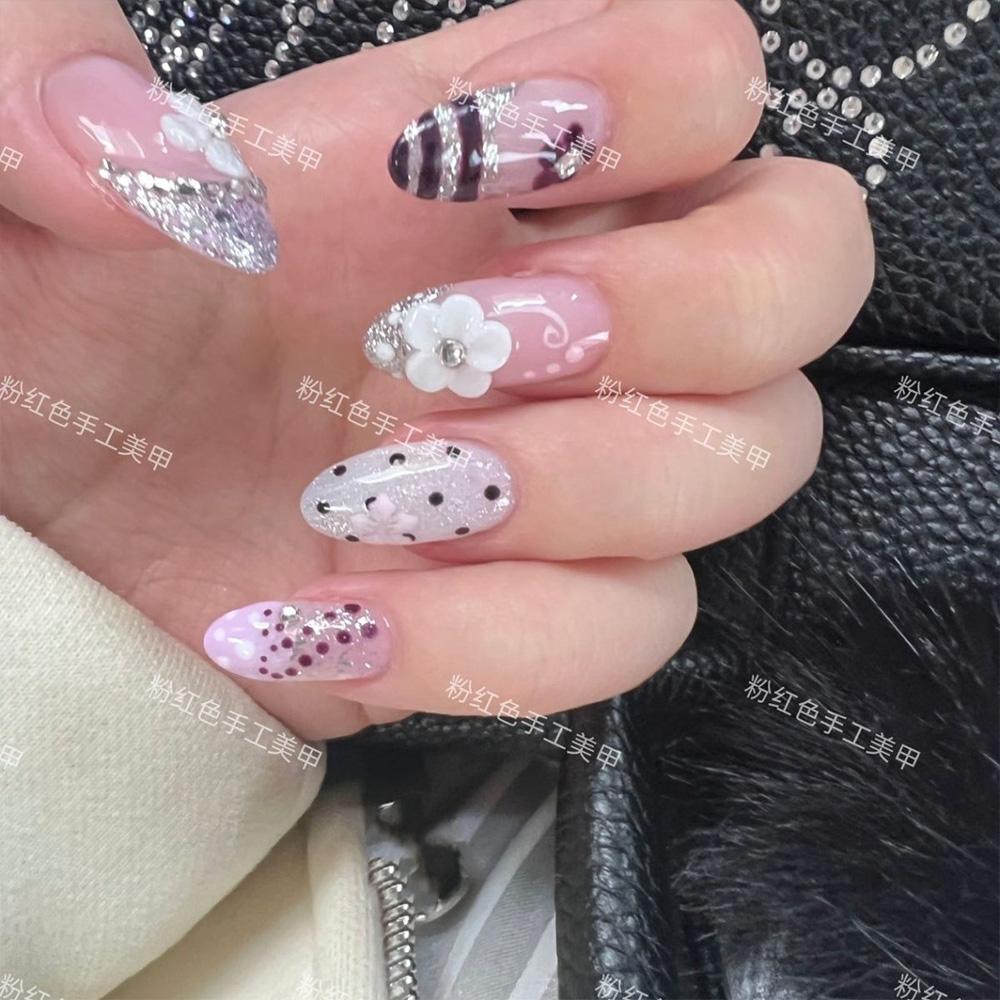 Y2K Retro Pearl Bear 3D Wing Bow Short Press On Nails Fake Nail Tips Party Birthday Gift Accessories