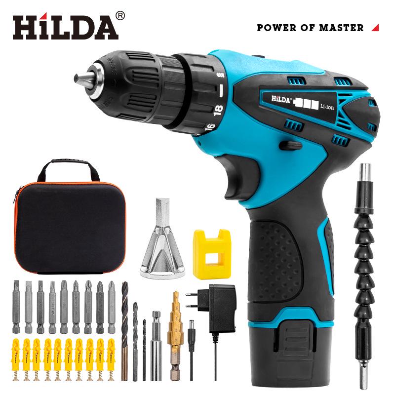 Hilda 12V Dual-Speed Cordless Screwdriver Drill with Rechargeable Lithium Battery, LED Light, and 2 Waterproof Hand Pieces