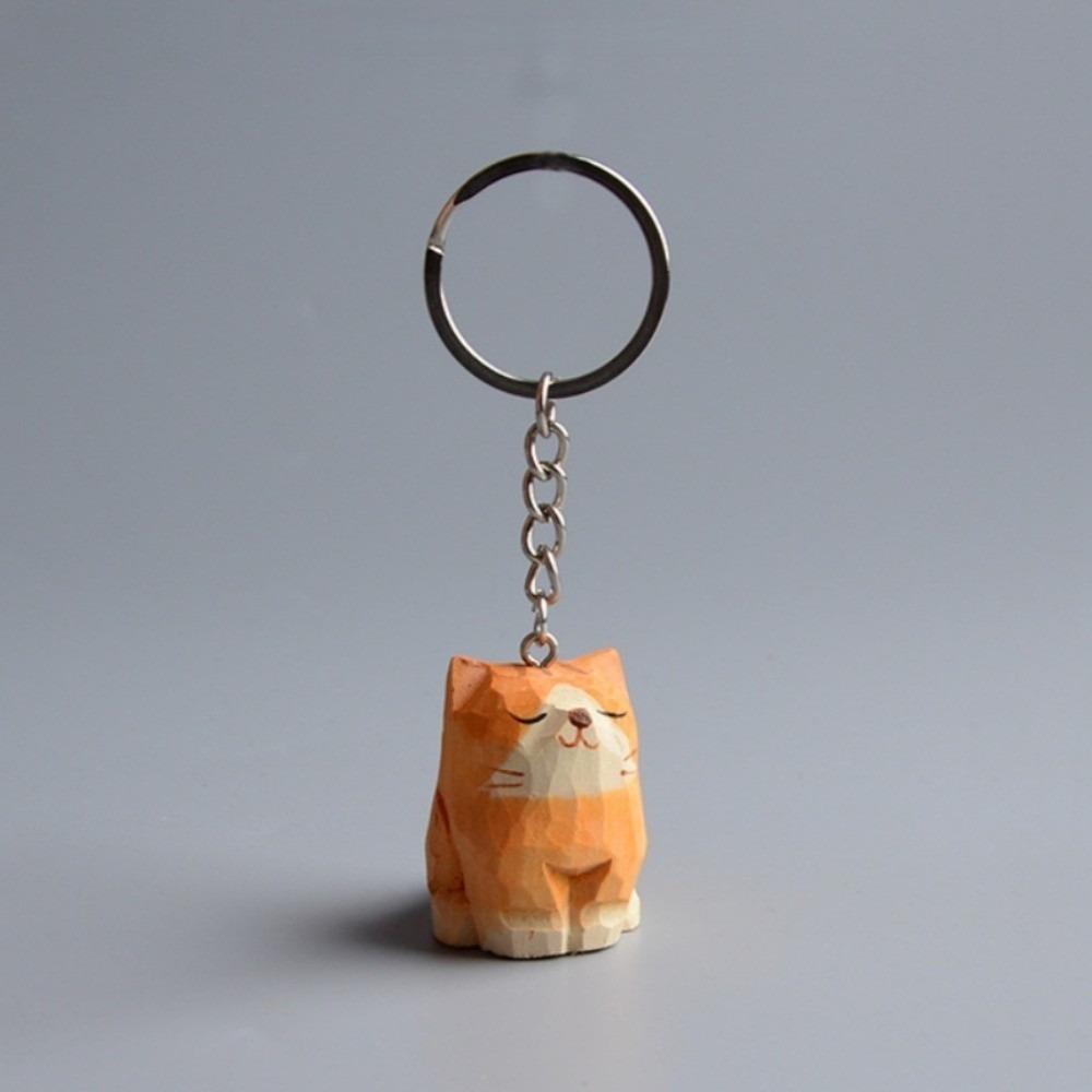 Creative Wooden Carving Cat Keychain Handmade Siamese Cat Keyring Hanging Accessory