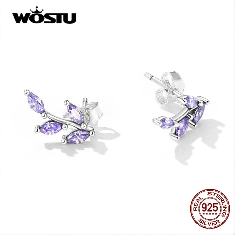 WOSTU 925 Sterling Silver Purple Branch Leaf Stud Earrings for Women Trendy Shiny Zircon Plant Earrings Fine Jewelry Gifts