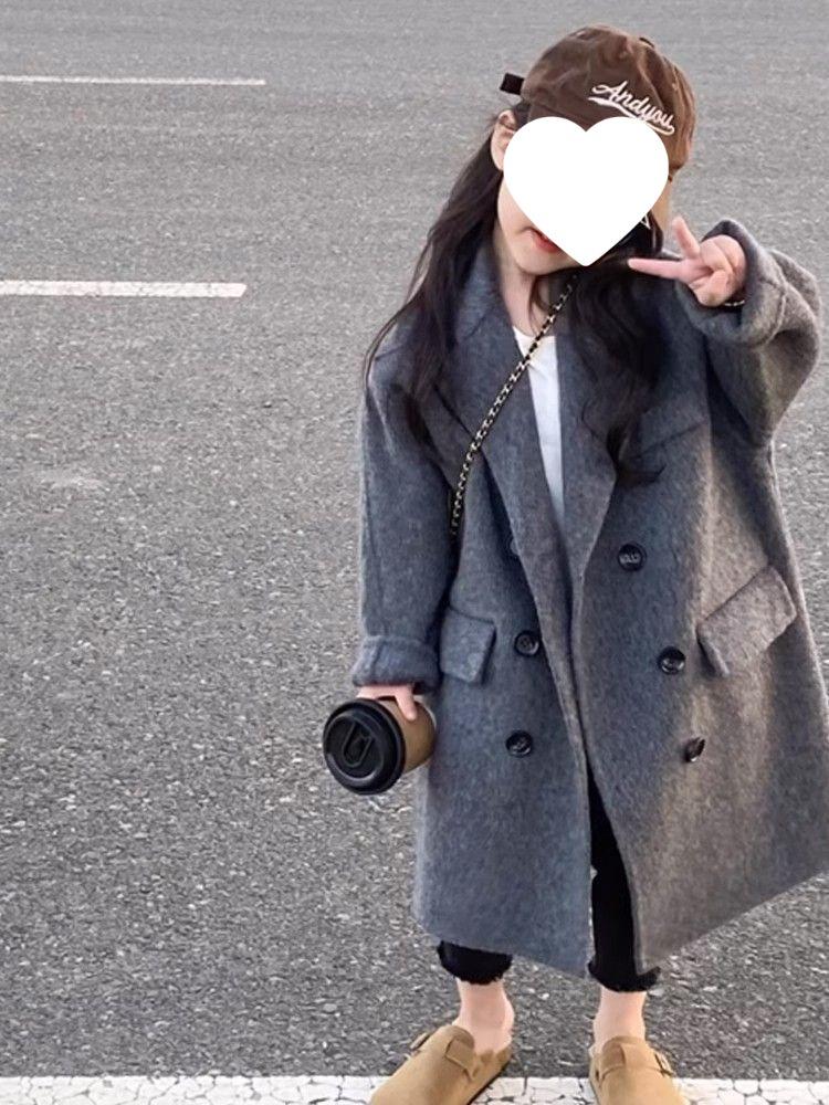 Пальто из смесовой шерсти для корейских девочек на осень/зиму 2025 года - Утепленное пальто-оверсайз с хлопковой подкладкой для детей