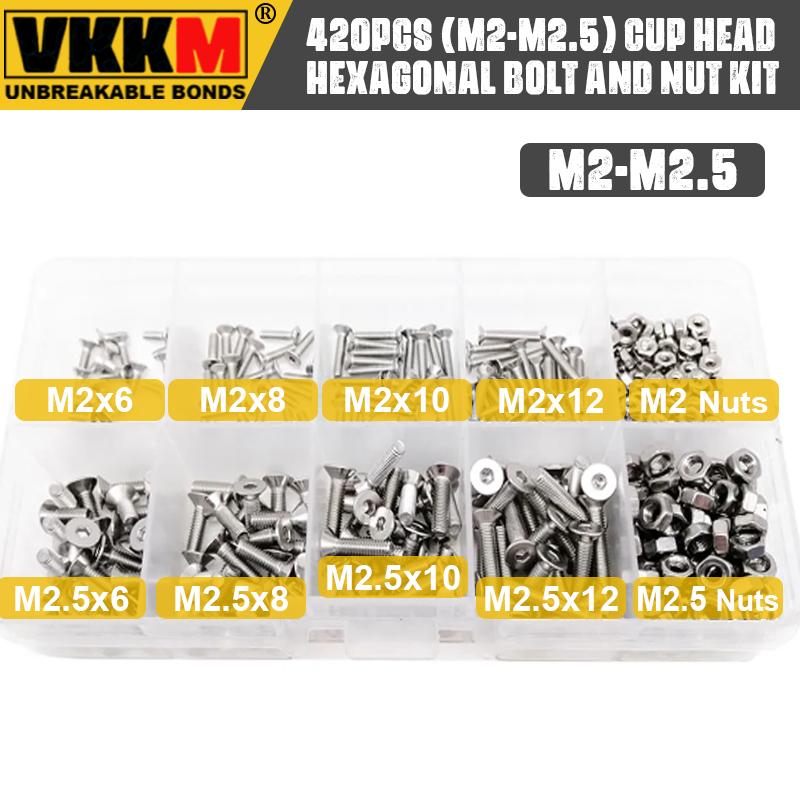 420 шт. (М2-М2.5) Комплект шестигранных болтов и гаек с чашеобразной головкой из нержавеющей стали