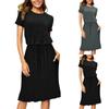 Женская мода повседневное однотонное платье с коротким рукавом и круглым вырезом с завязками на веревке
